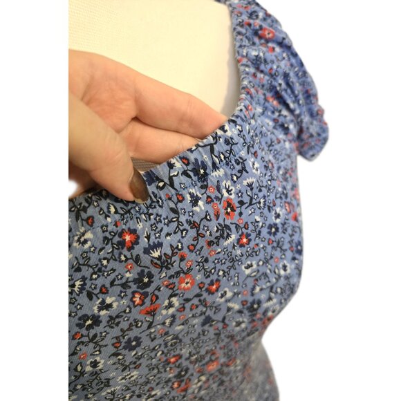 Blue Floral Top Cottage Garden Round Neck Ruffle Sleeves Peasant Blouse Sz S - Picture 3 of 8